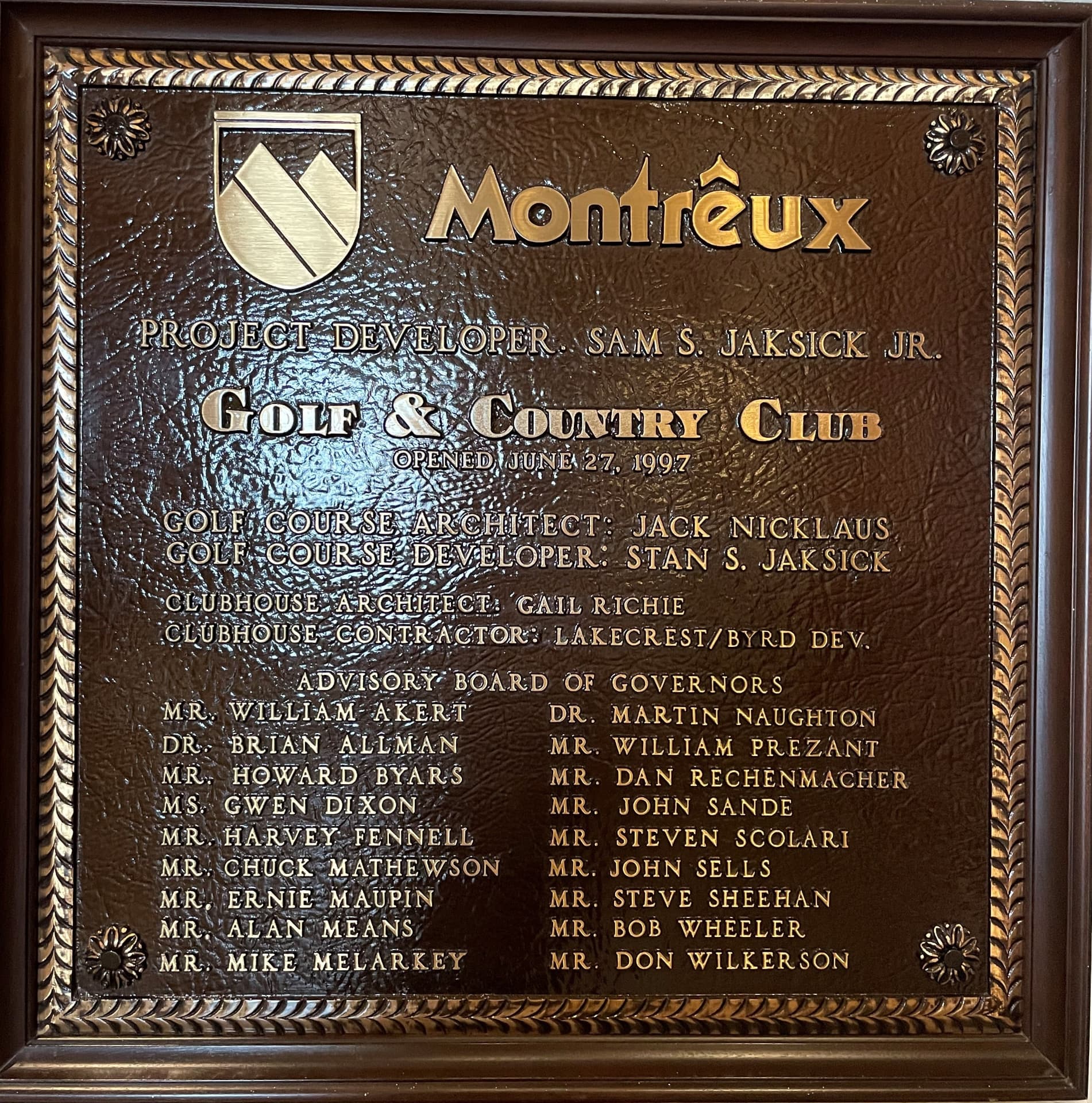 Bronze dedication plaque for the Montreux Golf & Country Club, opened June 27, 1997